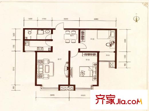 亢龙盛景户型图两室两厅一卫一厨 2室2厅1卫1厨
