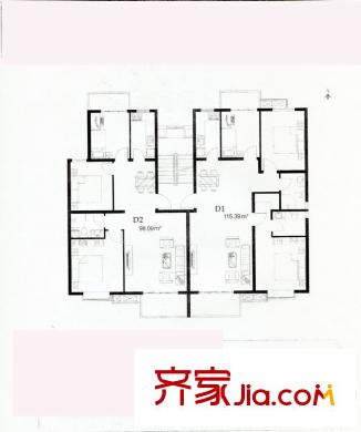 裕东公寓户型图高层D1D2户型 3室2厅2卫1厨