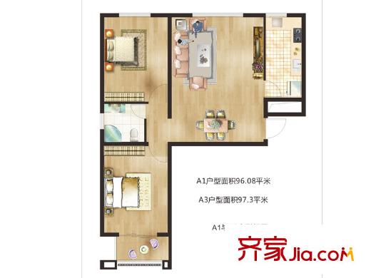 上林风景户型图A1和A3户型 2室2厅1卫1厨