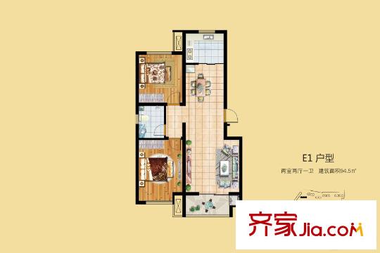 上拓・幸福汇E1户型 2室2厅1卫1厨