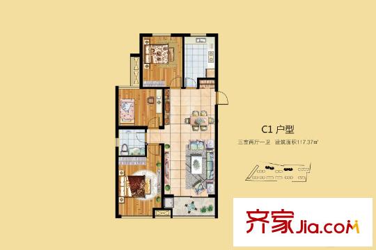 上拓・幸福汇C1户型 3室2厅1卫1厨