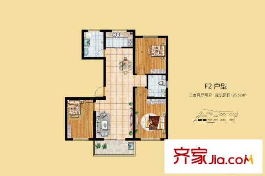 上拓・幸福汇F2户型 3室2厅2卫1厨