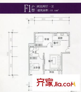 Park湾售完F1户型 2室2厅1卫1厨