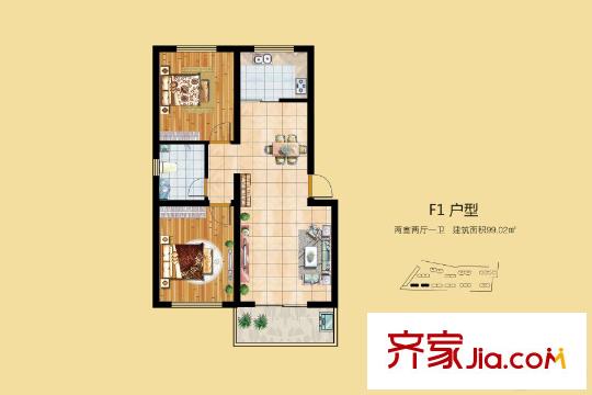 上拓・幸福汇F1户型 2室2厅1卫1厨