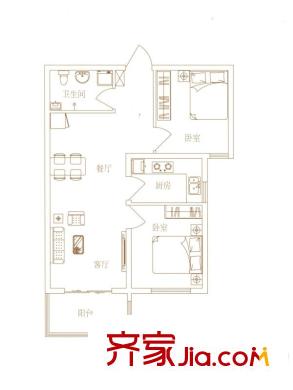 园林府邸7号楼A4户型 2室2厅1卫1厨
