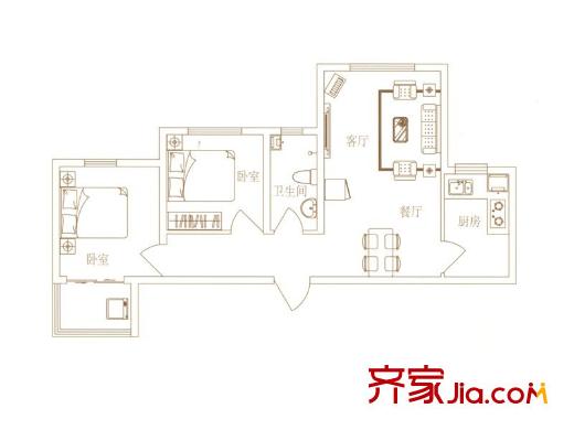 园林府邸7号楼A1户型 2室2厅1卫1厨