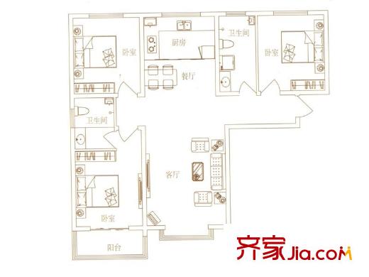 园林府邸2、3、4、6号楼H1户型 3室2厅2卫1厨