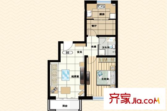 御夏山水城D3户型 1室2厅1卫1厨