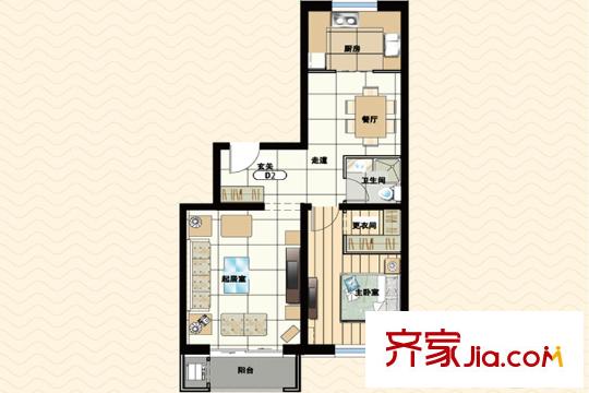 御夏山水城D2户型 1室2厅1卫1厨