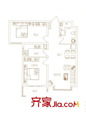 园林府邸5、8号楼A2户型 2室2厅1卫1厨