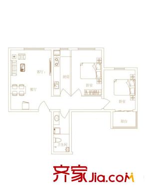 园林府邸7号楼A7户型 2室1厅1卫1厨