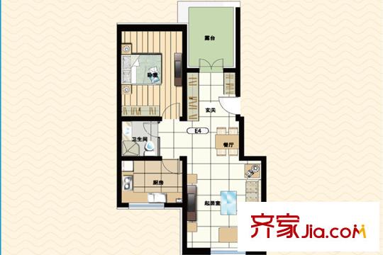 御夏山水城E4户型 1室2厅1卫1厨