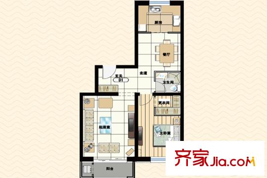 御夏山水城D1户型 1室2厅1卫1厨