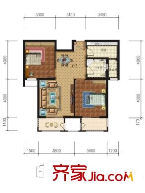 湿地华城B-2户型 2室2厅1卫1厨