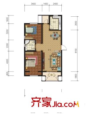 湿地华城A-1户型 2室2厅1卫1厨
