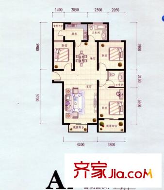 兰汀・朝阳户型图高层A2户型 3室2厅2卫