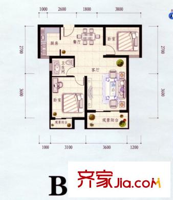 兰汀・朝阳户型图高层B2户型 2室2厅1卫