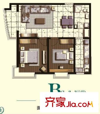 佳远水园湾户型图1、2、3号楼B户型 2室2厅1卫