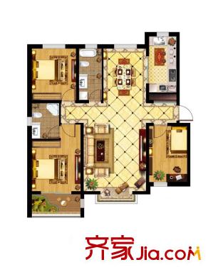 宝石花园A座A1户型 3室2厅2卫1厨