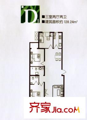 天瑞馨居户型图D1户型 3室2厅2卫1厨