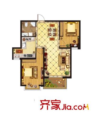 宝石花园A座A2户型 2室2厅1卫1厨