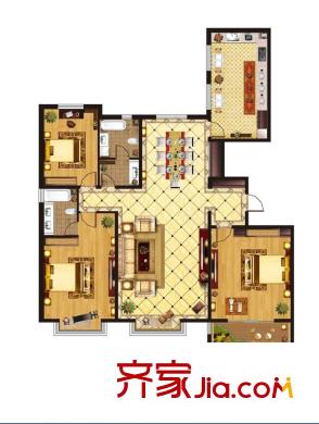 宝石花园B、C座平层A户型 3室2厅2卫1厨
