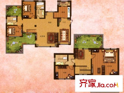 红山庄园跃层四五层245.07平4室户型 4室3厅3卫1厨