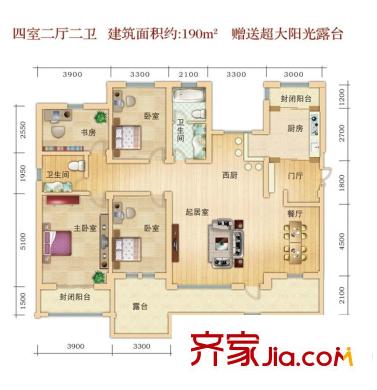 红山庄园190.00平4室户型 4室2厅2卫2厨
