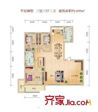 红山庄园C1#C7#楼216.32平3室户型 3室3厅2卫1厨