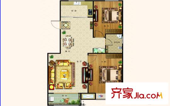 高铁时代14-1户型 2室2厅1卫1厨