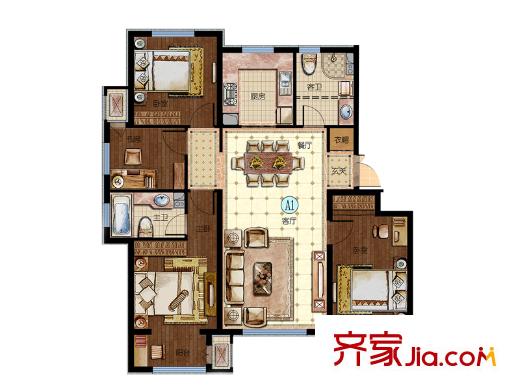 华中假日星座户型图1#楼标准层A1户型 4室2厅2卫1厨