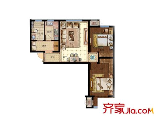 华中假日星座户型图2#楼标准层B4户型 2室2厅1卫1厨