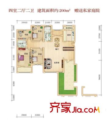 红山庄园200.00平4室户型 4室2厅2卫1厨