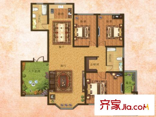 红山庄园187平3室户型 3室3厅2卫1厨