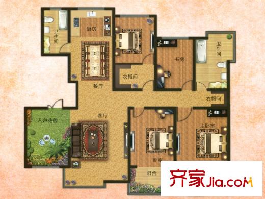 红山庄园216.32平4室户型 4室3厅2卫1厨