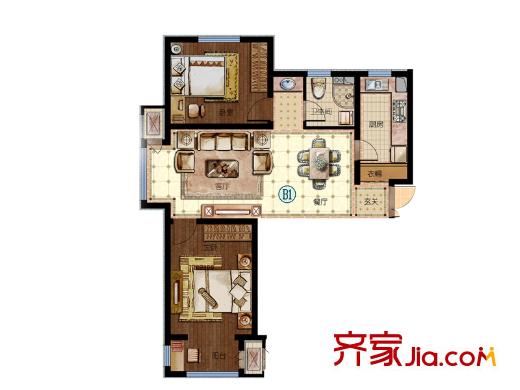 华中假日星座户型图2#楼标准层B1户型 2室2厅1卫1厨
