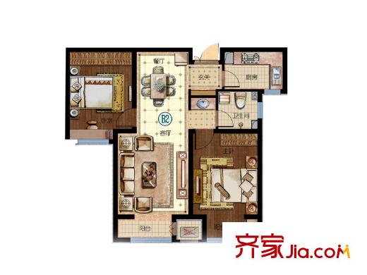 华中假日星座户型图2#楼标准层B2户型 2室2厅1卫1厨