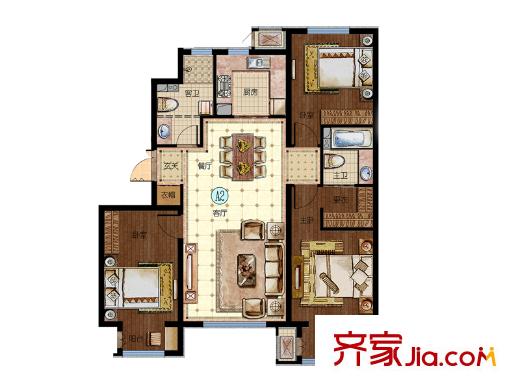 华中假日星座户型图1#楼标准层A2户型 3室2厅2卫1厨