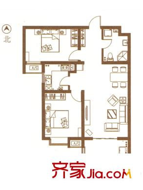 上湖名郡已售完16#楼M2户型 2室2厅1卫1厨