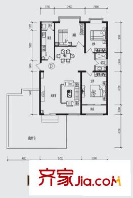 嘉森・理想城户型图高层D户型 3室2厅1卫1厨