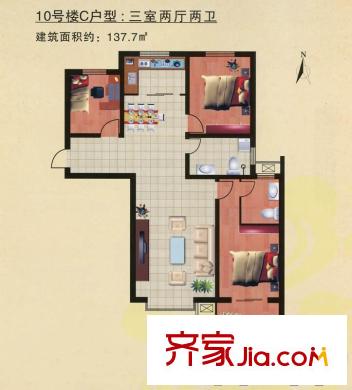 领秀世纪城户型图10号楼C户型 3室2厅2卫1厨