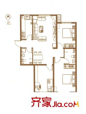 上湖名郡已售完16#楼K1户型 3室2厅2卫1厨
