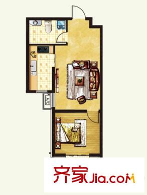 上湖名郡已售完17#楼65.27平一室户型 1室1厅1卫1厨