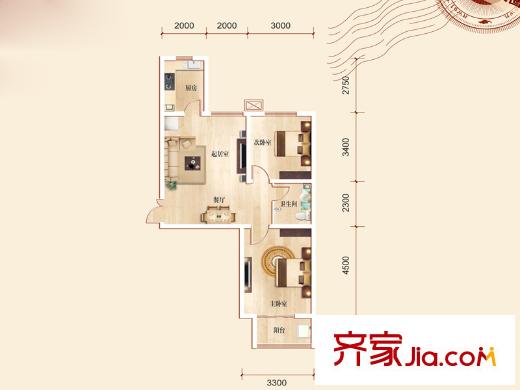 维多利亚夏郡户型图三期20号楼B1户型 2室2厅1卫1厨