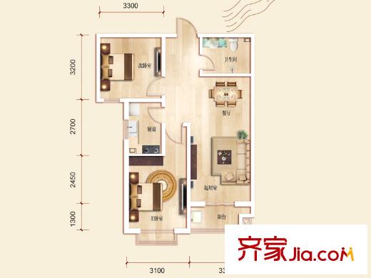 维多利亚夏郡户型图三期23号楼B户型 2室2厅1卫1厨