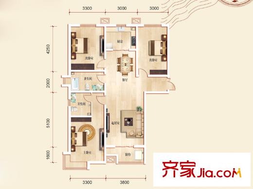 维多利亚夏郡户型图三期23号楼A户型 3室2厅2卫1厨