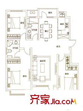 未来城已售完E1户型 3室2厅2卫1厨