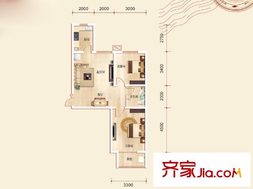 维多利亚夏郡户型图三期22号楼B1户型 2室2厅1卫1厨