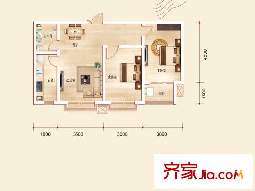 维多利亚夏郡户型图三期22号楼C1户型 2室2厅1卫1厨