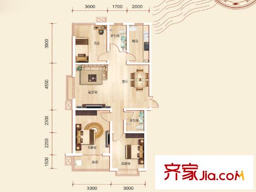 维多利亚夏郡户型图三期22号楼A1户型 3室2厅2卫1厨